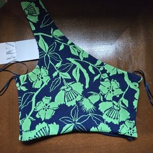 Zara Asymmetrical Top with Green Floral on Navy